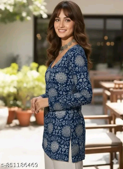 Navy Mandala Medallion V-Neck Bell Sleeve A-Line Kurti