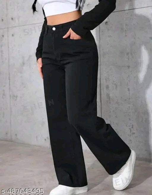 Jet Black High-Waist Wide-Leg Straight Denim Jeans