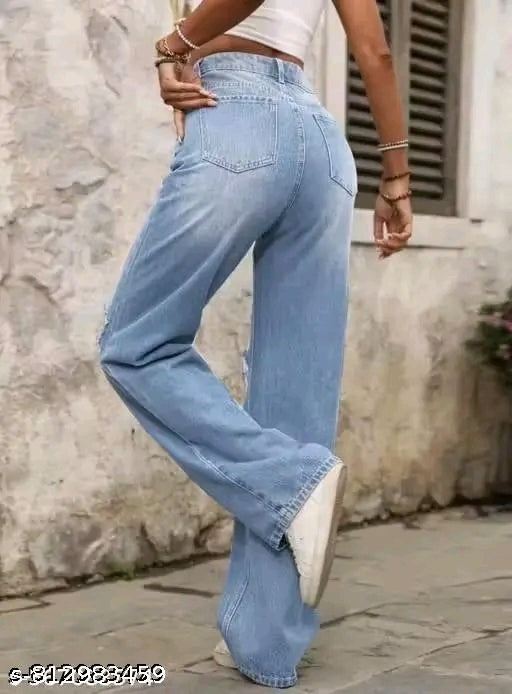 Light Blue High-Waist Wide-Leg Ripped Knee Distressed Denim Jeans