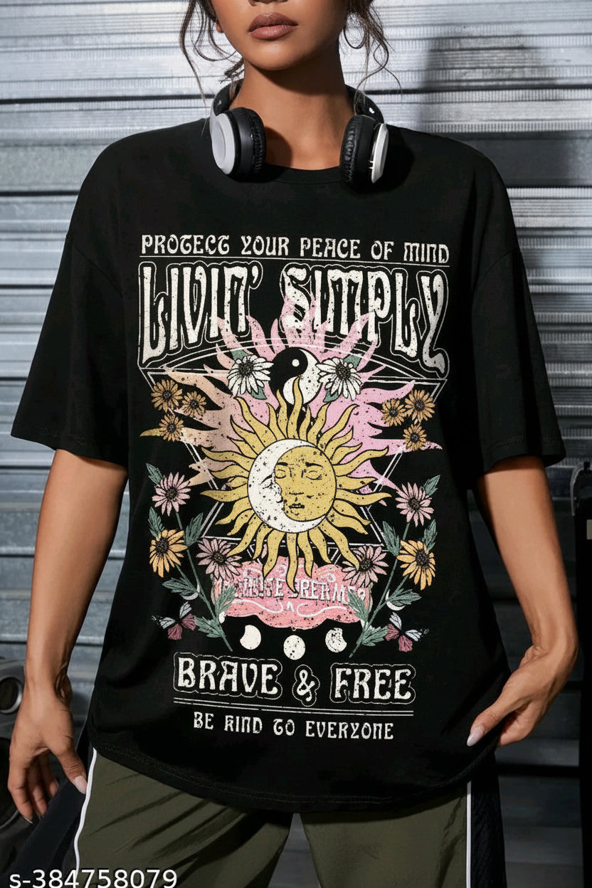 "Livin' Simply – Brave & Free" Oversized T-Shirt – Black