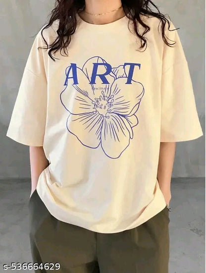 "ART" Floral Line Art Oversized T-Shirt – Cream/Beige