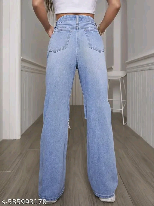 Ice Blue High-Waist Wide-Leg Double Ripped Knee Distressed Denim Jeans