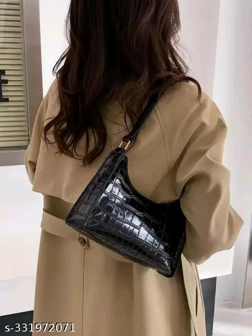 Croc Embossed Glossy Baguette Shoulder Bag