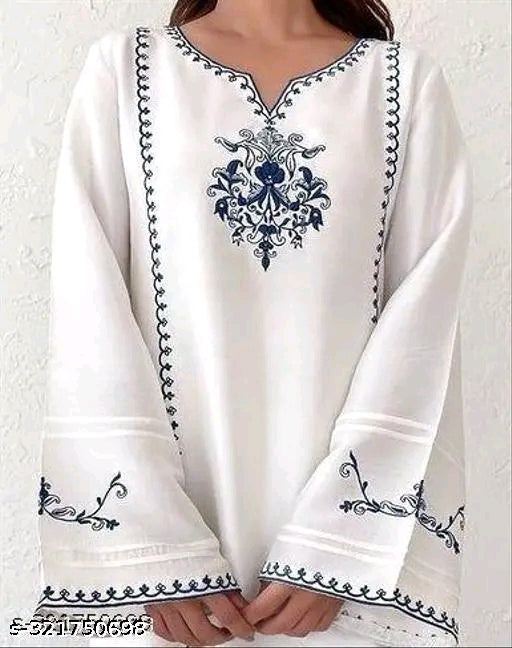 White Navy Mughal Embroidered Bell Sleeve Kurti