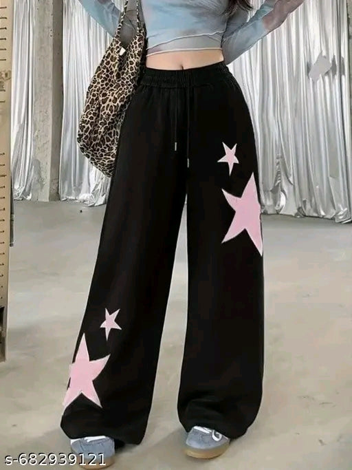 Pink Star Print Drawstring Wide-Leg Sweatpants