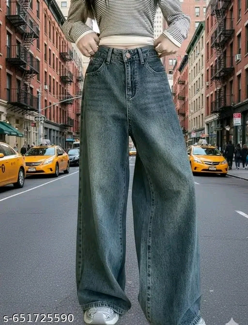 Dark Vintage Wash Baggy Wide-Leg Denim Jeans