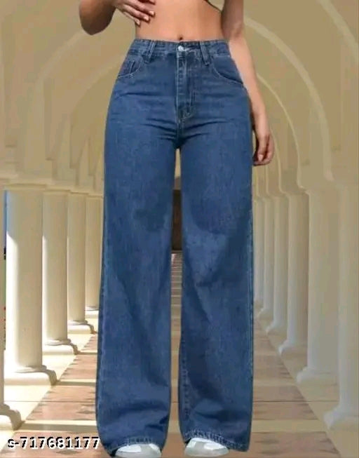 Mid Blue High-Waist Wide-Leg Straight Denim Jeans