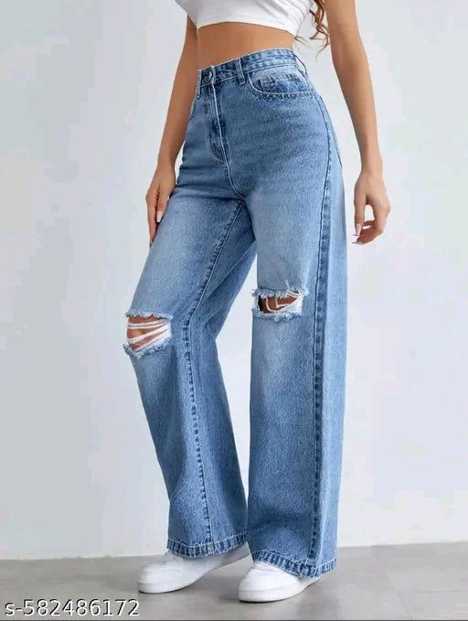 Sky Blue Ripped Knee Baggy Denim Jeans