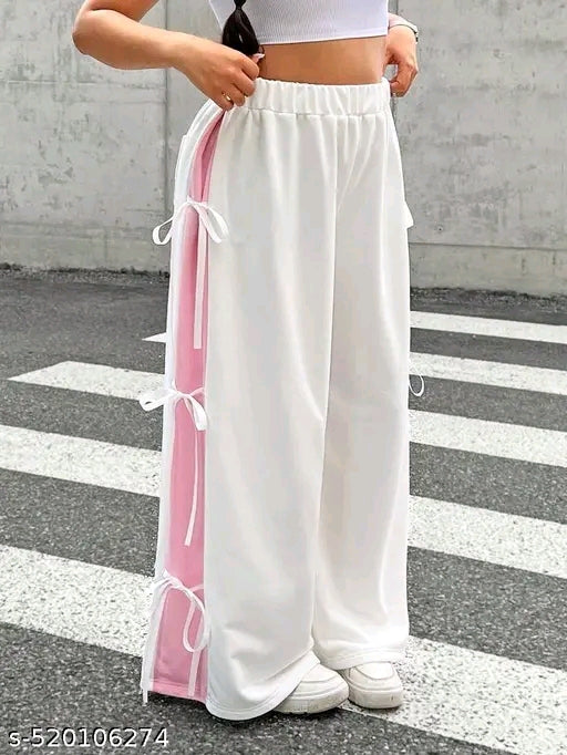 Multi-Bow Side Tie Colorblock Wide-Leg Track Joggers (2 pcs)