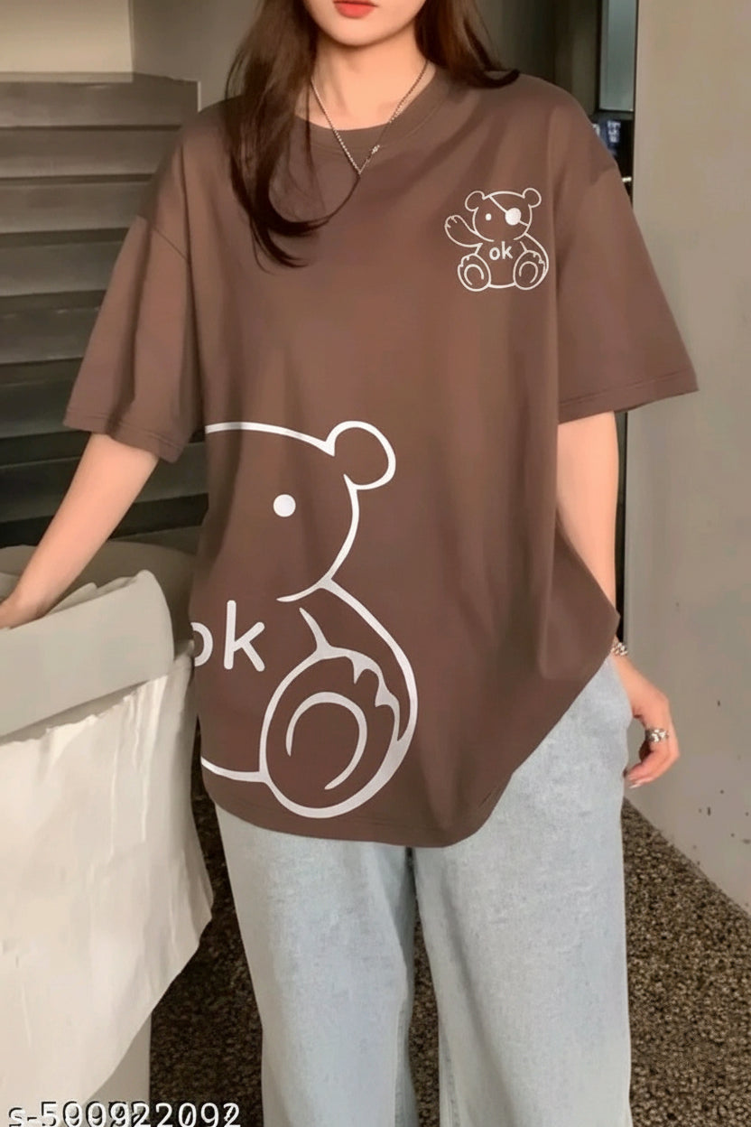 "OK Bear" Graphic Oversized T-Shirt – Chocolate Brown