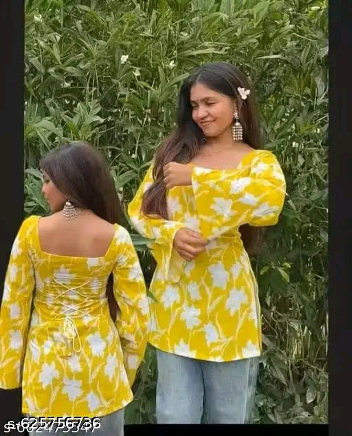 Yellow Floral Corset Lace-Back Bell Sleeve Square Neck Mini Kurti