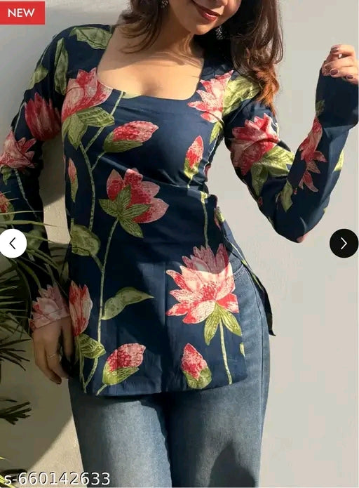 Navy Lotus Bloom Side Tie Bell Sleeve Square Neck Peplum Kurti
