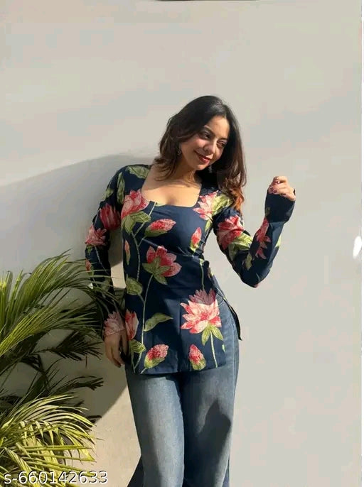 Navy Lotus Bloom Side Tie Bell Sleeve Square Neck Peplum Kurti