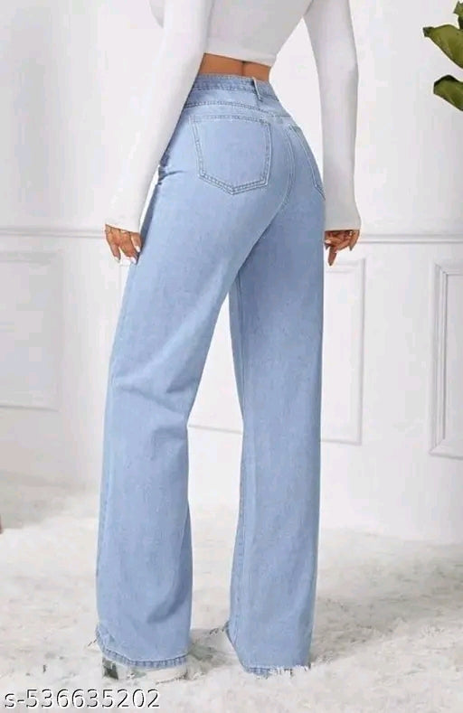 Ice Blue High-Waist Wide-Leg Raw Hem Stretch Denim Jeans