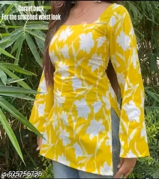 Yellow Floral Corset Lace-Back Bell Sleeve Square Neck Mini Kurti