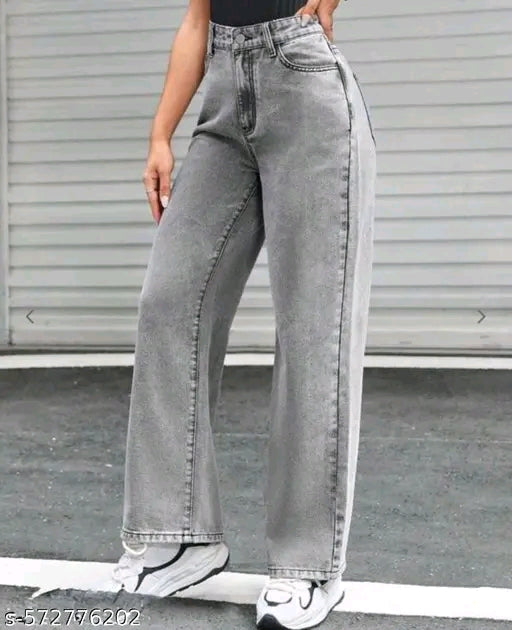 Grey Washed Wide-Leg Straight Denim Jeans