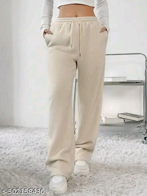 Cream Drawstring High-Waist Wide-Leg Fleece Jogger