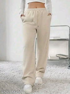Cream Drawstring High-Waist Wide-Leg Fleece Jogger