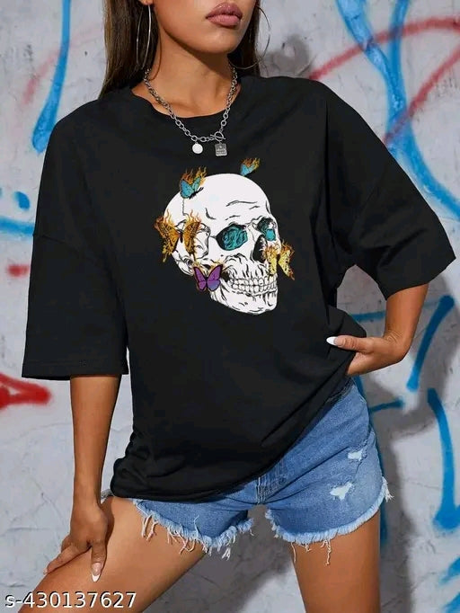 Floral Skull Graphic Oversized T-Shirt – Black