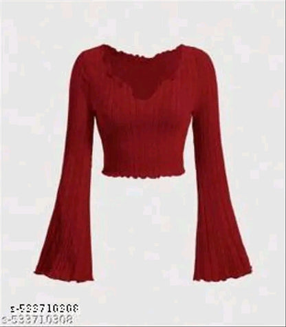 V-Neck Flare Sleeve Smocked Crop Top