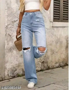 Light Blue High-Waist Wide-Leg Ripped Knee Distressed Denim Jeans