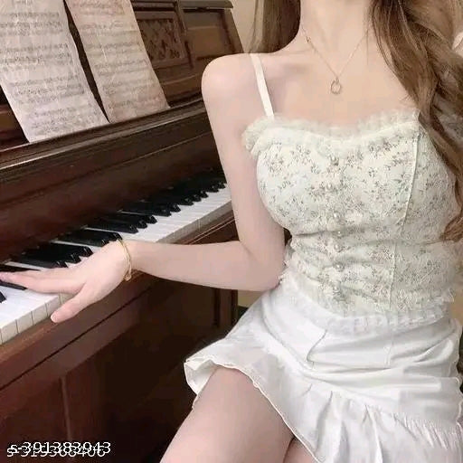 Pearl Button Ruffle Corset Cami Top (White)