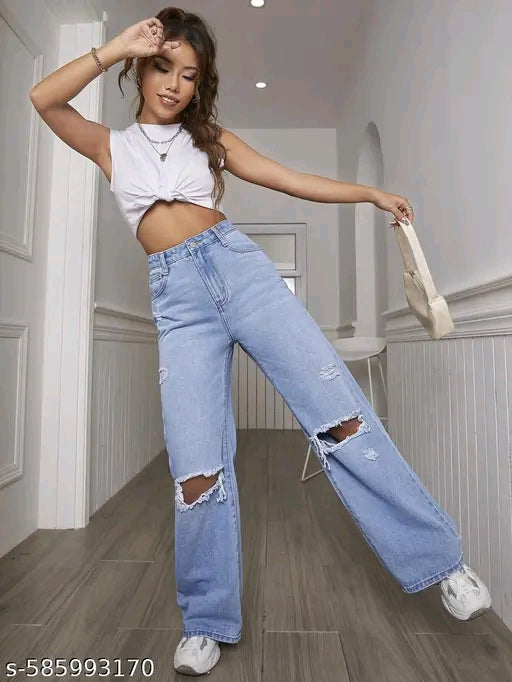 Ice Blue High-Waist Wide-Leg Double Ripped Knee Distressed Denim Jeans