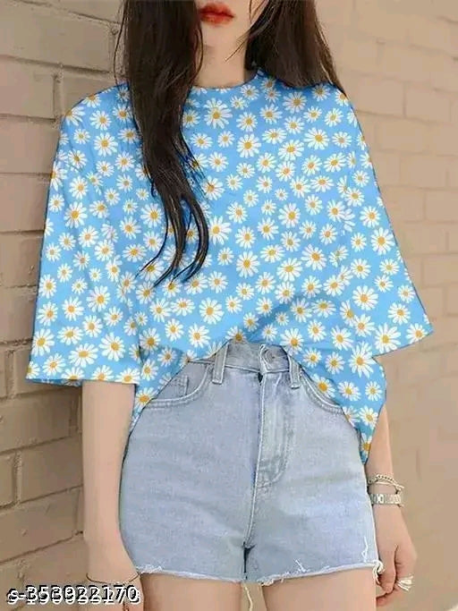 All-Over Floral Print Oversized T-Shirt – Sky Blue
