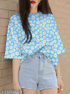 All-Over Floral Print Oversized T-Shirt – Sky Blue