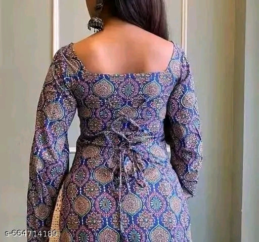 Mughal Medallion Print Square Neck Lace-Back Kurti