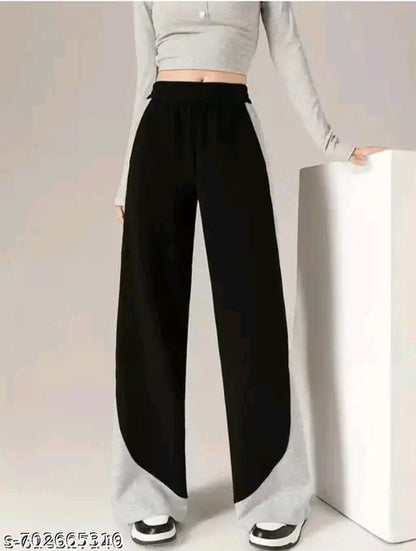 Black & Grey Abstract Colorblock Flare Wide-Leg Joggers