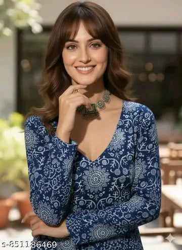 Navy Mandala Medallion V-Neck Bell Sleeve A-Line Kurti