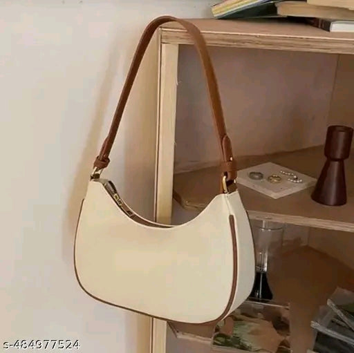 Cream & Tan Contrast Trim Crescent Zip Shoulder Bag