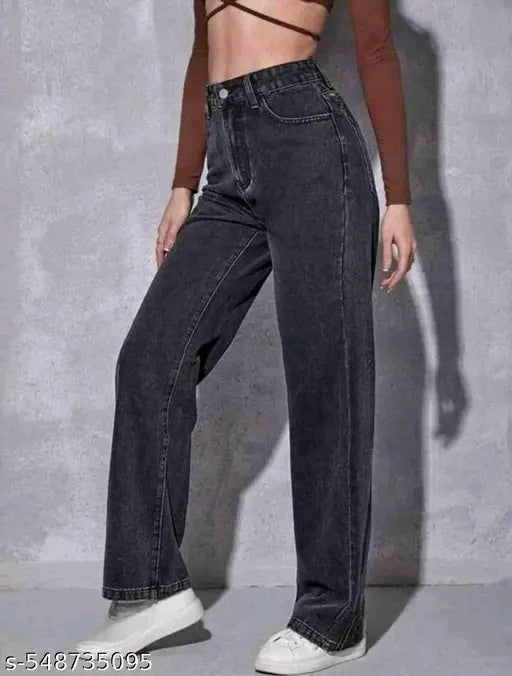 Smoky Black High-Waist Baggy Wide-Leg Washed Denim Jeans