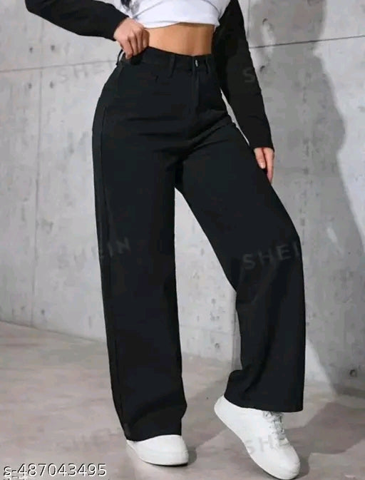 Jet Black High-Waist Wide-Leg Straight Denim Jeans