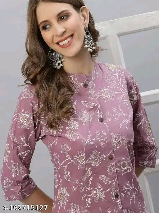 Mauve Foil Floral Jaal Button-Down A-Line Midi Kurti