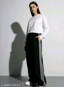 Single White Side Panel High-Waist Wide-Leg Tailored Track Pants