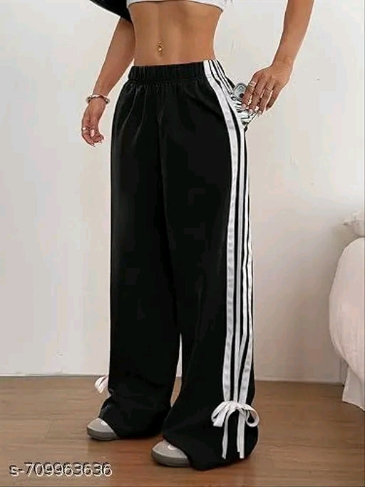 Triple White Stripe Ankle Tie Wide-Leg Track Pants