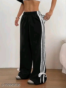 Triple White Stripe Ankle Tie Wide-Leg Track Pants