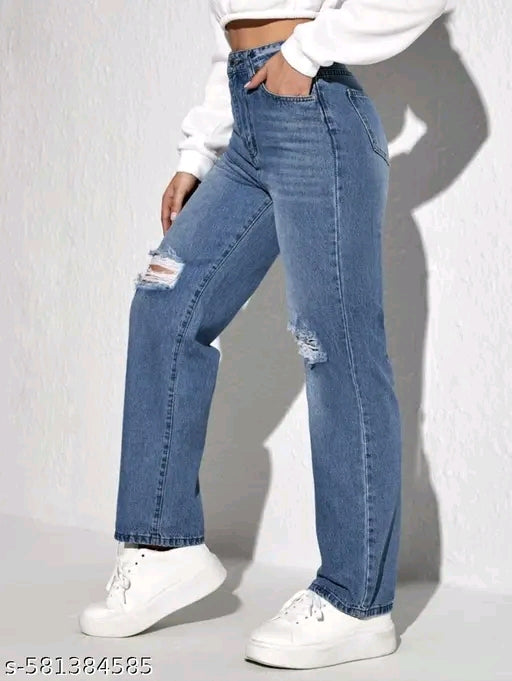 Blue Ripped Knee Baggy Denim Jeans