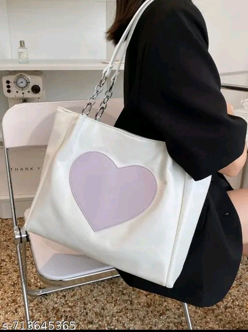 Heart Patch Silver Chain Oversized Shoulder Tote Bag