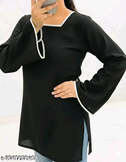 Black White Lace Trim Square Neck Bell Sleeve Side Slit Short Kurti