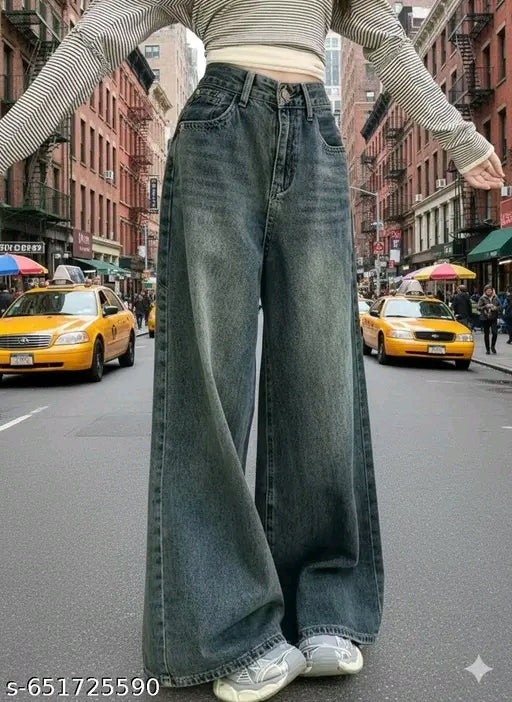 Dark Vintage Wash Baggy Wide-Leg Denim Jeans