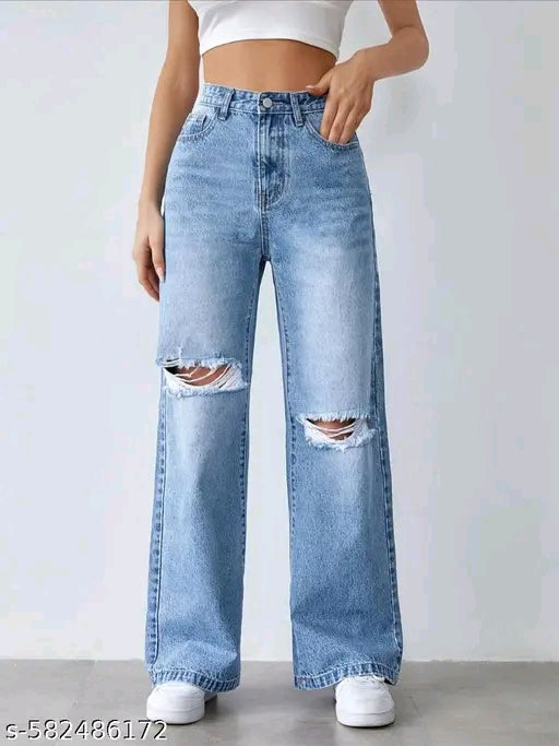 Sky Blue Ripped Knee Baggy Denim Jeans
