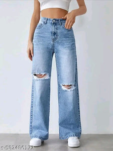 Sky Blue Ripped Knee Baggy Denim Jeans
