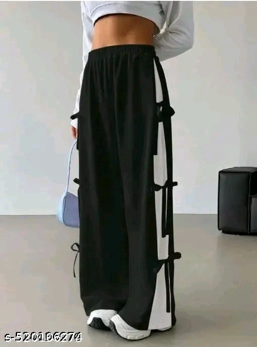 Multi-Bow Side Tie Colorblock Wide-Leg Track Joggers (2 pcs)