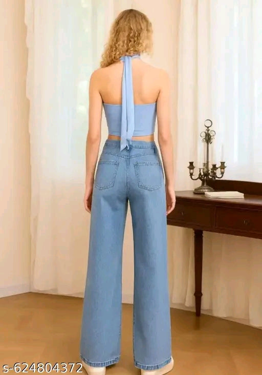 Cornflower Blue High-Waist Wide-Leg Straight Denim Jeans