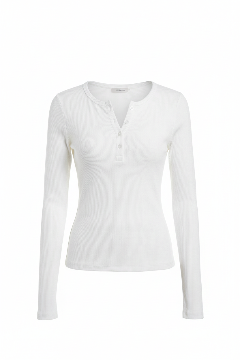 White Ribbed Henley - Front