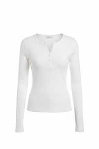 Henley Button Full-Sleeve Fitted Top (White)
